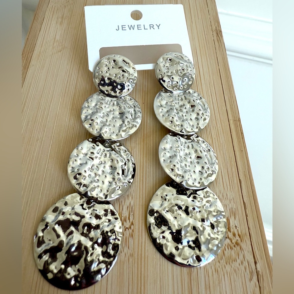 NEW Pair Silver Hammered multi-disc drop Earrings 
Elegant Dangle  Women Jewelry